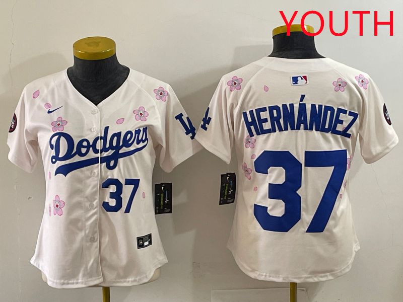 Youth Los Angeles Dodgers #37 Hernandez Cream Sakura Edition 2025 Nike MLB Jersey style 32